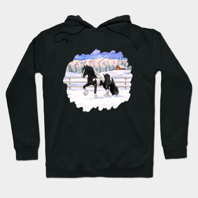 Black Pinto Piebald Gypsy Vanner Draft Horse Trotting in Snow Hoodie by csforest